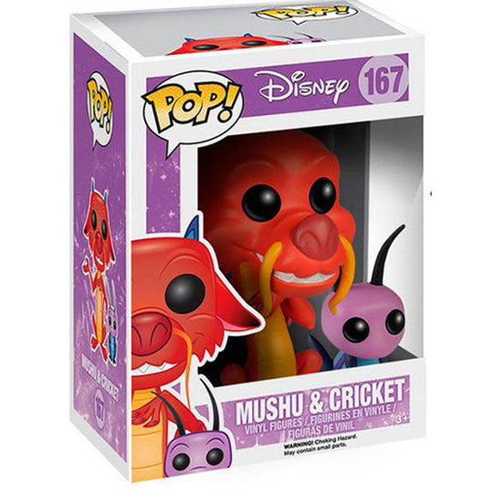 Vue rapprochée de la figurine Funko Pop Mushu et Cricket avec détails colorés et expression fidèle
