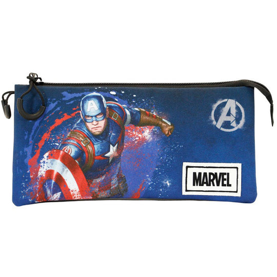 Zoom sur la fermeture éclair principale de la trousse Captain America avec deux poches extérieures