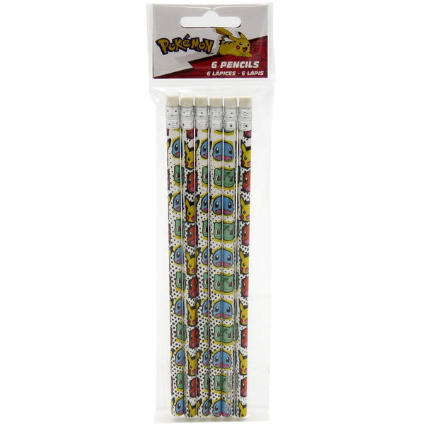 Blister contenant 6 crayons décorés avec des motifs Pokémon, marque CYP BRANDS, dimensions 5,5x1x23cm.