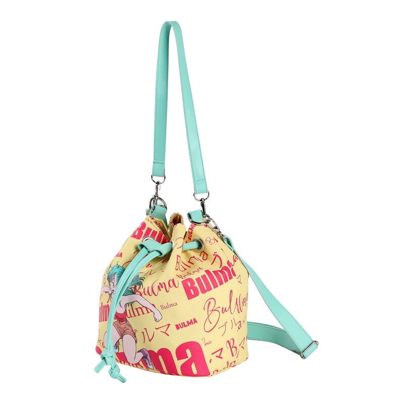 Sac à épaule Bulma Dragon Ball vue de face avec fermeture à corde et design coloré