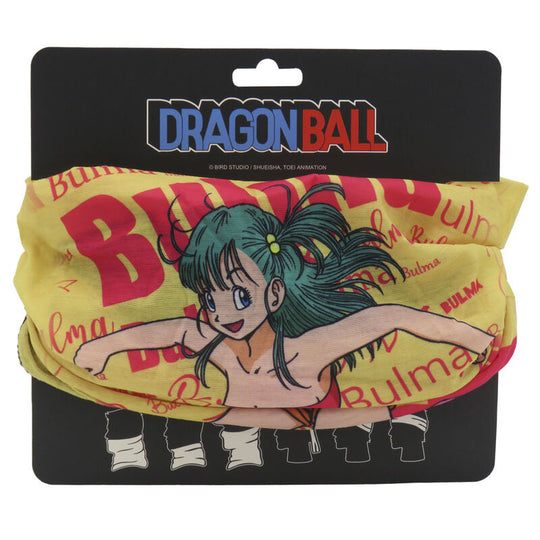 Snood Dragon Ball Bulma porté par un mannequin avec un fond neutre mettant en valeur le design coloré et détaillé.