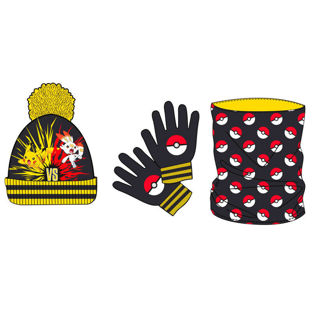 Set complet Pokémon NINTENDO avec snood, bonnet et gants colorés pour enfants, idéal pour l'hiver.