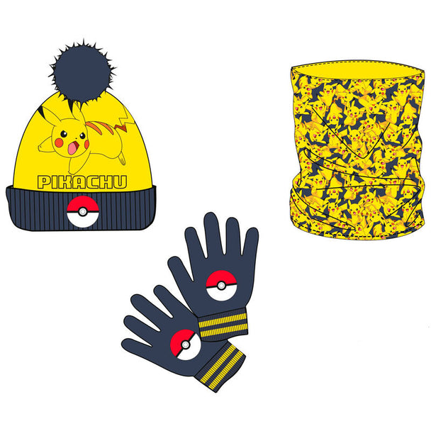 Set hivernal Pokémon officiel Nintendo avec snood, bonnet et gants Pikachu jaune vif sur fond blanc.