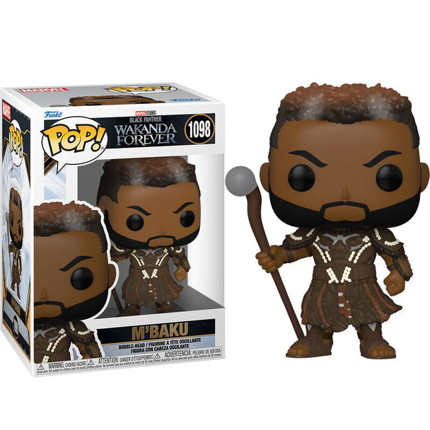 Figurine Funko POP de M Baku de Black Panther Wakanda Forever en vinyle, vue de face dans sa boîte vitrine