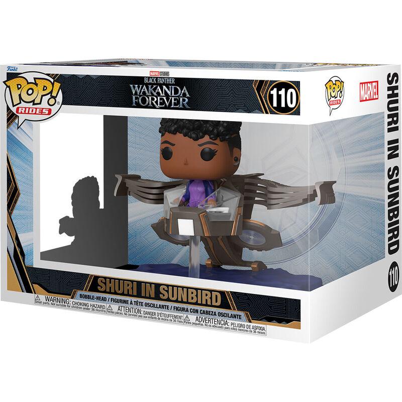 Vue latérale de la figurine Funko POP Shuri Black Panther Wakanda Forever, montrant les finitions et la boîte collector
