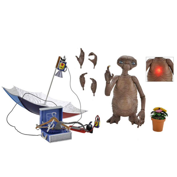 Figurine NECA E.T. The Extra-Terrestrial 40e anniversaire vue de face avec accessoires inclus