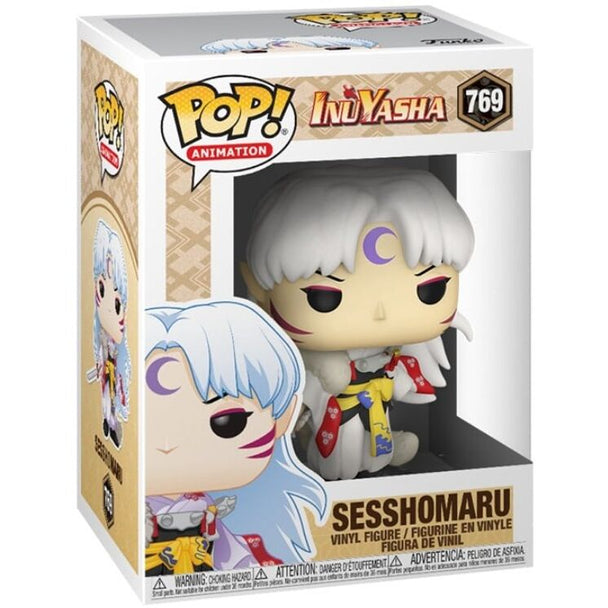 Vue rapprochée de la figurine Funko POP Sesshomaru Inuyasha, montrant les détails du visage et du costume