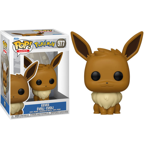 Figurine Funko POP Eevee de 9cm vue de face dans sa boîte vitrine transparente