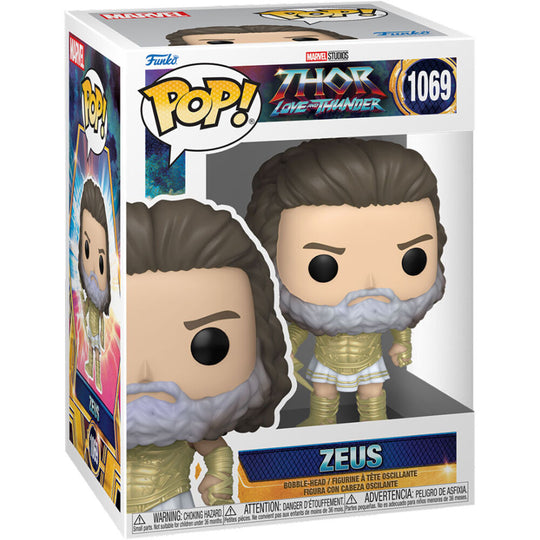 Boîte vitrine de la figurine Funko POP Zeus Marvel Thor Love and Thunder avec logo officiel Funko et Marvel