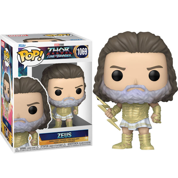 Figurine Funko POP Zeus de Marvel Thor Love and Thunder vue de face dans sa boîte vitrine transparente