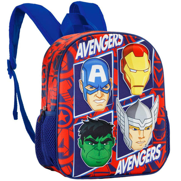 Vue avant du sac à dos 3D Marvel Avengers The Four avec design embossé et couleurs vives.