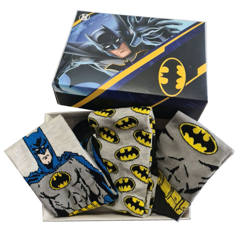 Pack de 3 paires de chaussettes DC Comics Batman pour adultes, tailles 39-45, présentées en boîte