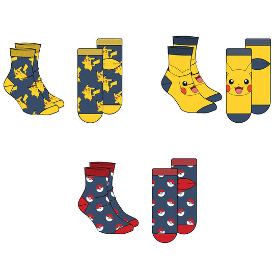 Vue rapprochée des chaussettes Pokémon NINTENDO montrant les détails des designs et la boîte d'emballage
