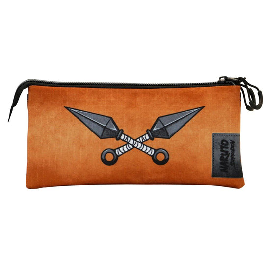 Présentation de la trousse Naruto en matériau recyclé avec logo Uzumaki visible