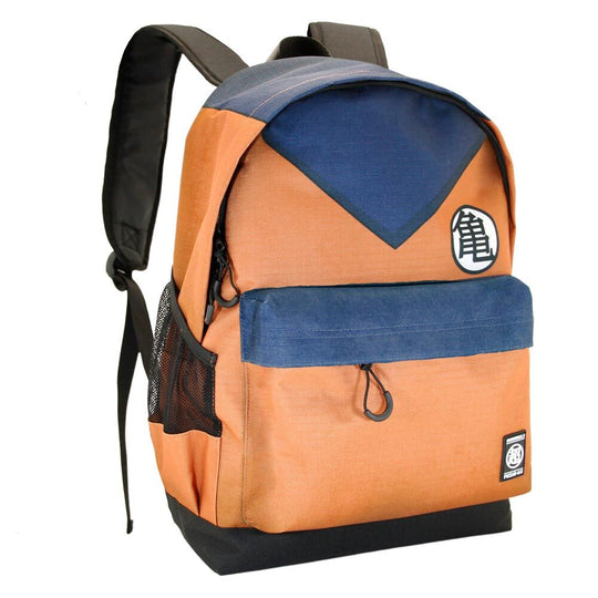 Vue latérale du sac à dos Dragon Ball montrant la poche en filet et la texture déperlante du matériau recyclé