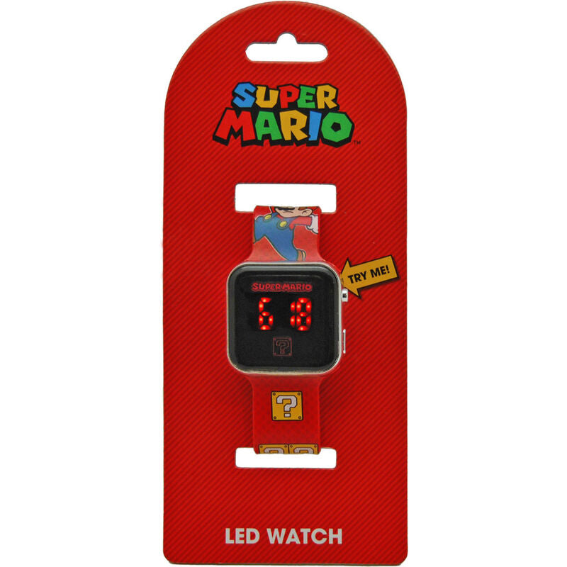 Montre LED Super Mario Bros Nintendo affichant l'heure en rouge sur un fond noir avec le logo Mario