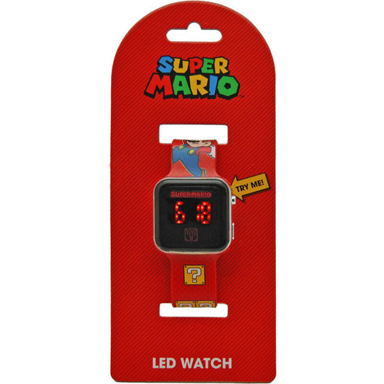 Montre LED Super Mario Bros Nintendo affichant l'heure en rouge sur un fond noir avec le logo Mario