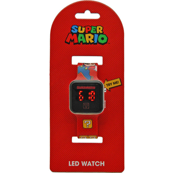 Montre LED Super Mario Bros Nintendo affichant l'heure en rouge sur un fond noir avec le logo Mario
