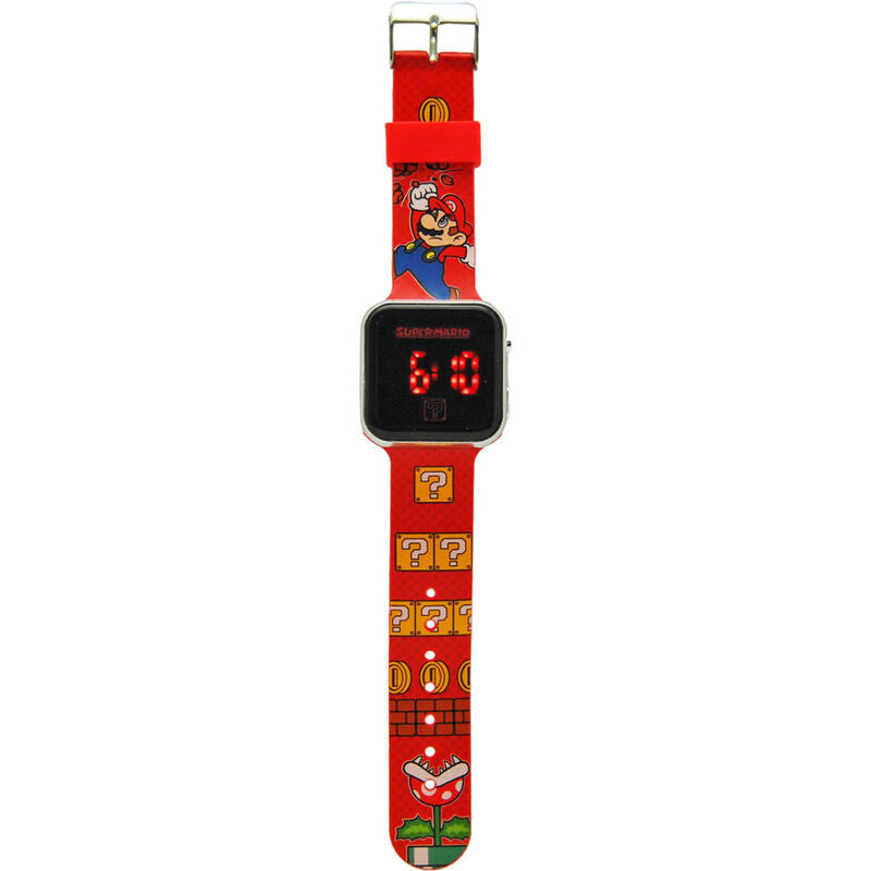 Vue rapprochée du bracelet noir ajustable de la montre LED Super Mario Bros avec détails de finition