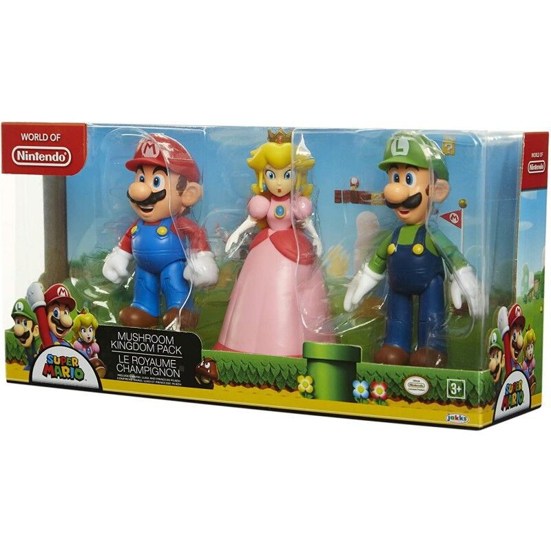 Ensemble des 3 figurines Super Mario Bros 10cm sur fond blanc, parfait pour collectionneurs