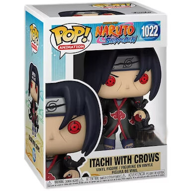 Vue de profil de la figurine Funko POP Itachi Uchiha avec détails des corbeaux