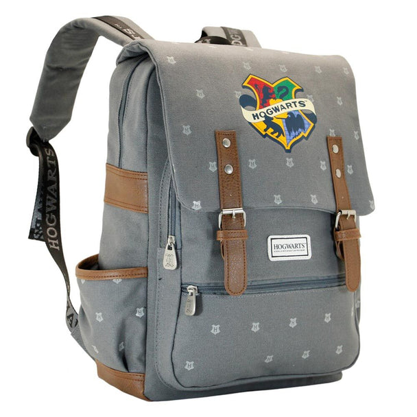 Sac à dos Harry Potter Hogwarts 40 cm vue de face avec rabat et sangles en cuir marron