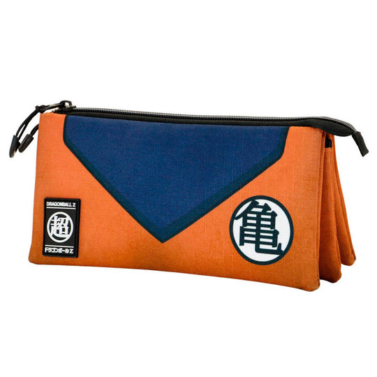 Vue latérale de la trousse Dragon Ball avec le compartiment supplémentaire ouvert, illustrant son organisation pratique.