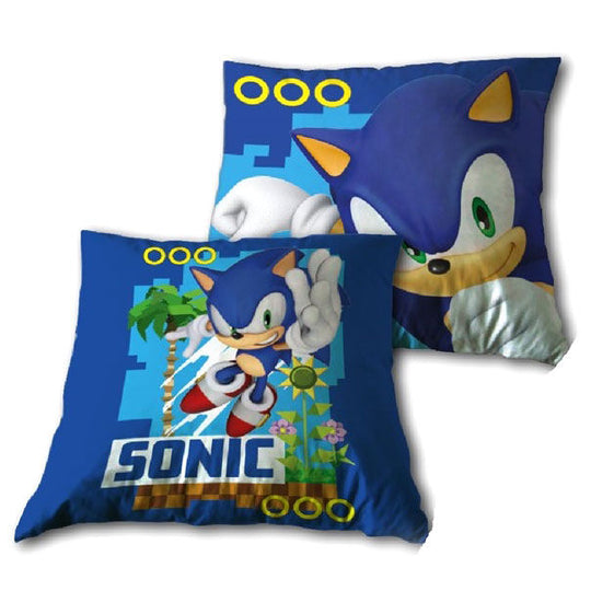 Coussin carré Sonic The Hedgehog officiel SEGA, dimensions 35x35cm, décoré avec l'image du hérisson bleu emblématique.