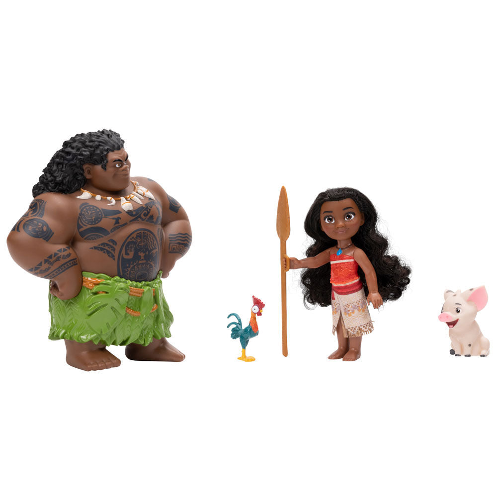 Poupée Vaiana et Maui posés ensemble sur fond blanc pour présentation produit