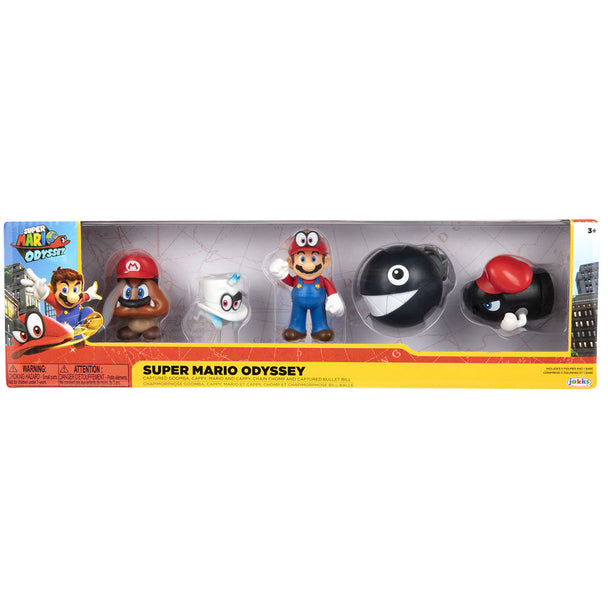 Vue de face du pack de 5 figurines Super Mario Bros de 6,5cm par JAKKS PACIFIC, montrant tous les personnages alignés