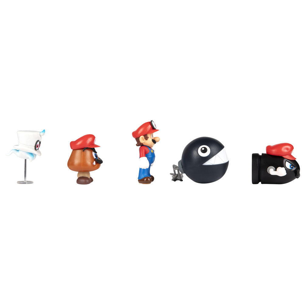 Photo des 5 figurines Super Mario Bros posées sur une surface blanche, mettant en valeur leur taille compacte de 6,5cm