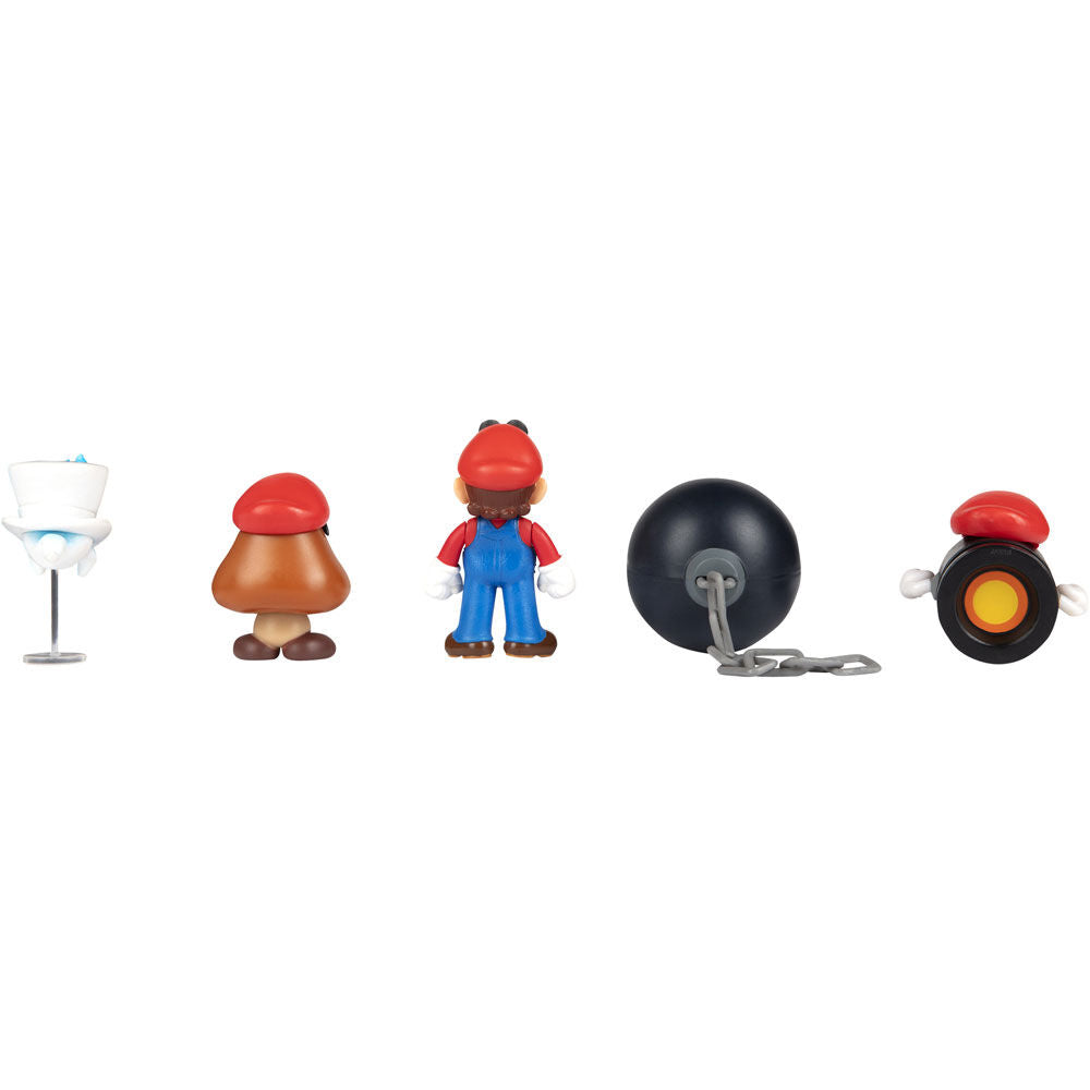 Photo en angle des figurines Super Mario Bros en action, idéale pour les fans et collectionneurs de la franchise Nintendo