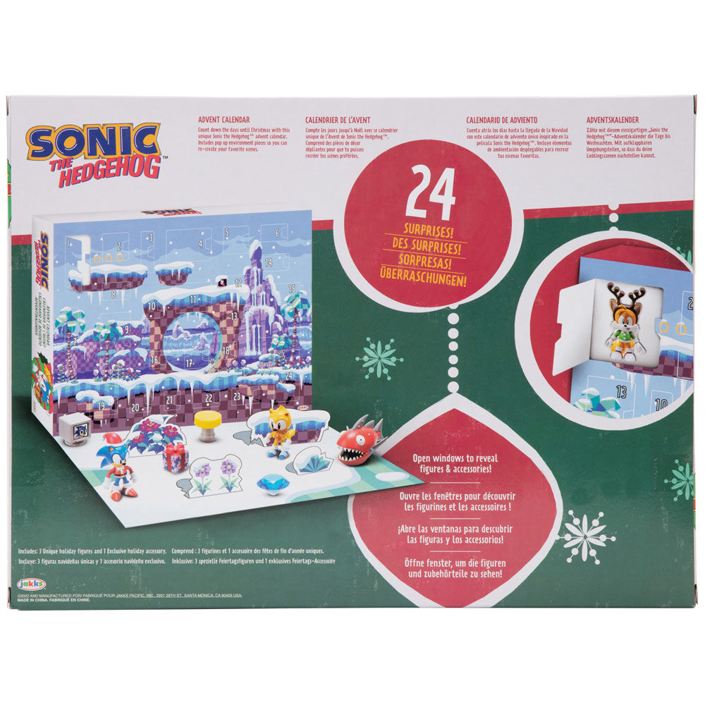 Image du packaging du calendrier de l'Avent Sonic avec illustration dynamique du hérisson bleu
