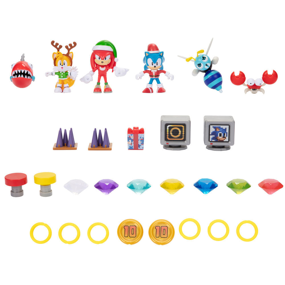 Présentation du calendrier Sonic The Hedgehog posé sur une table décorée pour Noël