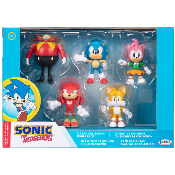 Pack de 5 figurines Sonic The Hedgehog de 6cm alignées sur fond blanc, montrant les détails colorés de chaque personnage