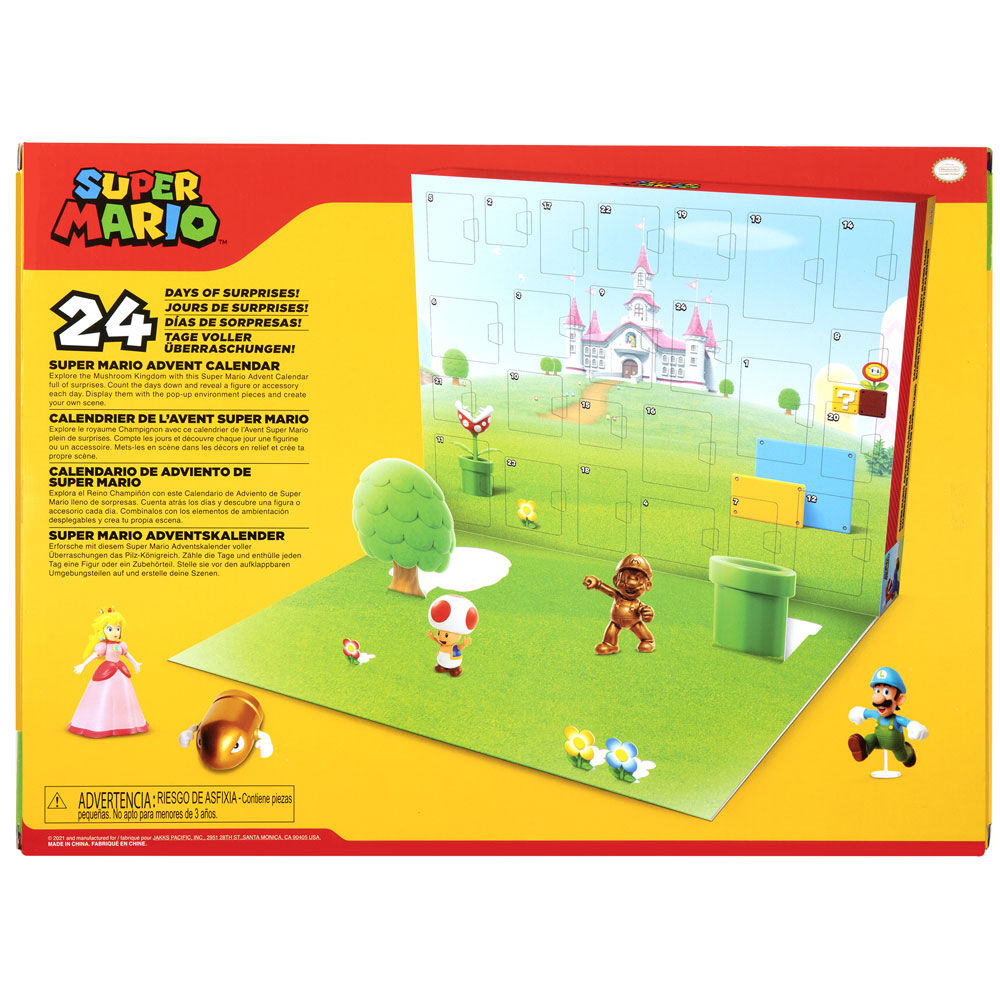Boîte du calendrier de l'Avent Super Mario Bros montrant le logo officiel et les illustrations colorées