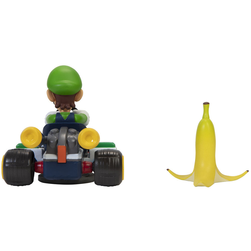 Vue rapprochée des détails de la figurine Luigi Kart 6,5cm Mario Kart Spinout