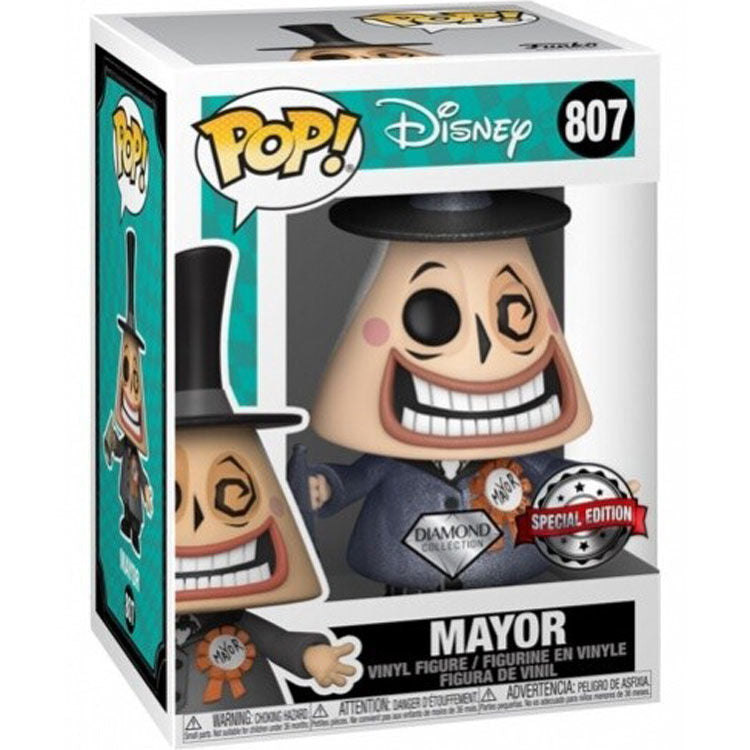 Figurine Funko POP exclusive du Mayor de Nightmare Before Christmas vue de face dans sa boîte vitrée
