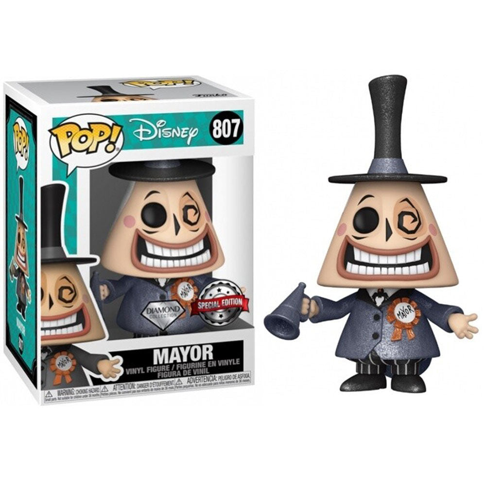 Détail de la figurine Funko POP du Mayor avec ses expressions caractéristiques et ses couleurs vives