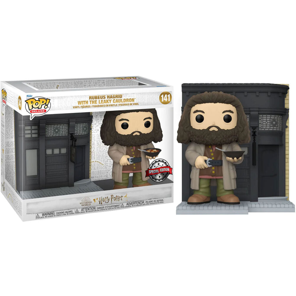 Vue rapprochée de la figurine exclusive Funko POP Rubeus Hagrid Leaky Cauldron avec accessoires magiques