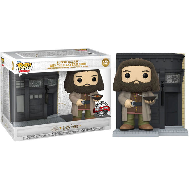 Vue rapprochée de la figurine exclusive Funko POP Rubeus Hagrid Leaky Cauldron avec accessoires magiques