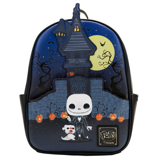 Vue avant du sac à dos Loungefly Jack Skellington en cuir vegan avec détails embossés et appliqués