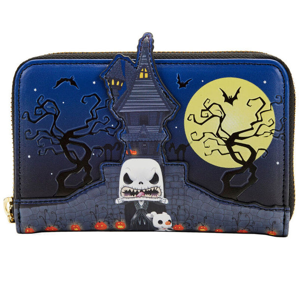 Vue de face du portefeuille Loungefly Jack Skellington en cuir vegan avec fermeture zip robuste
