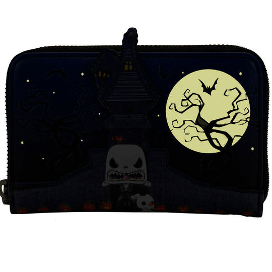 Détail des motifs embossés et appliqués sur le portefeuille Nightmare Before Christmas