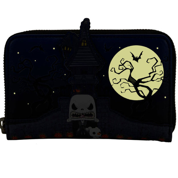 Détail des motifs embossés et appliqués sur le portefeuille Nightmare Before Christmas