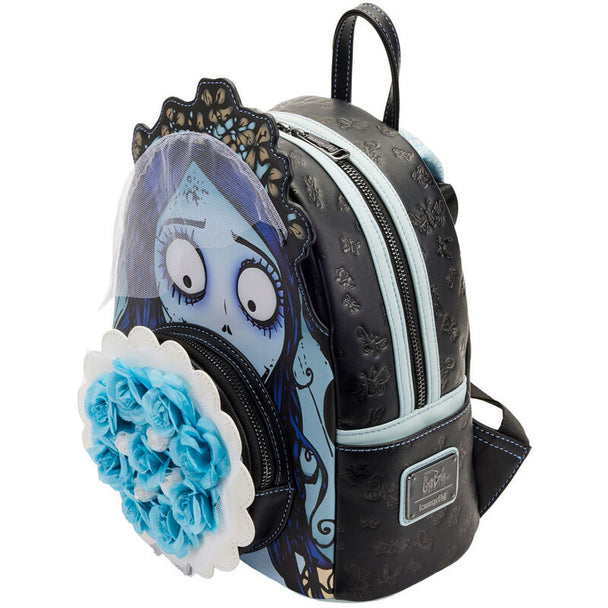 Vue de face du sac à dos Loungefly The Corpse Bride avec appliqués floraux et détails embossés