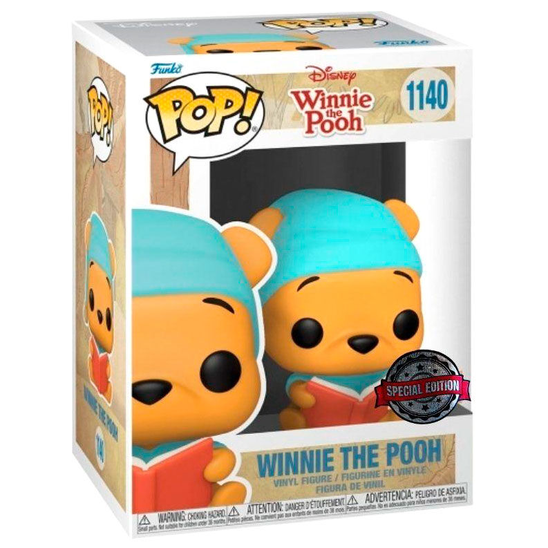 Boîte cadeau de la figurine Funko POP Winnie l'Ourson exclusive, avec vue sur la figurine en vinyle en position lecture