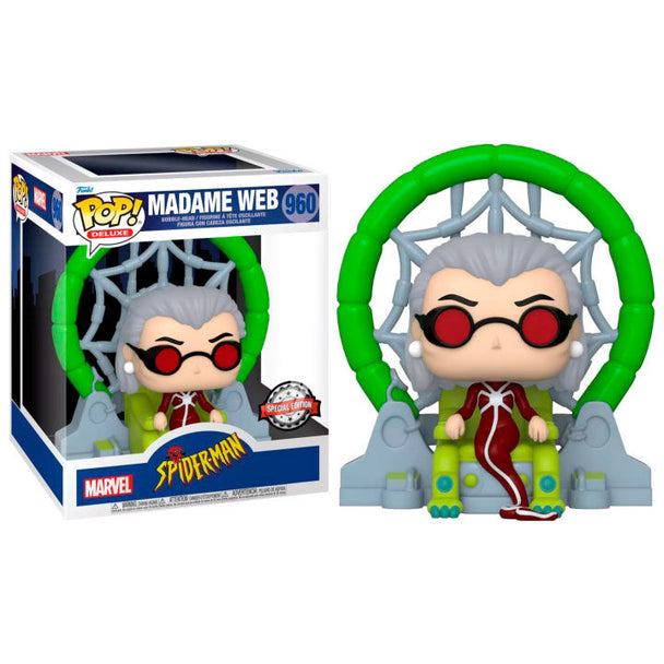 Figurine POP exclusive Madame Web de Marvel Spiderman par FUNKO vue de face avec détails précis et couleurs vives