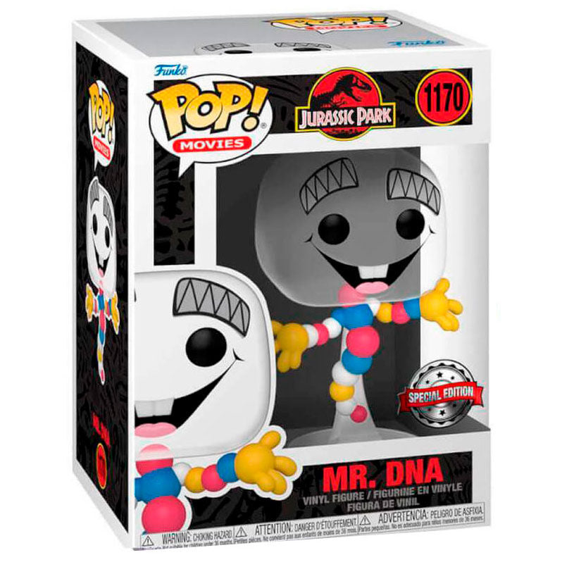 Vue rapprochée de la figurine Funko POP Mr.DNA Jurassic Park exclusive montrant les détails en vinyle