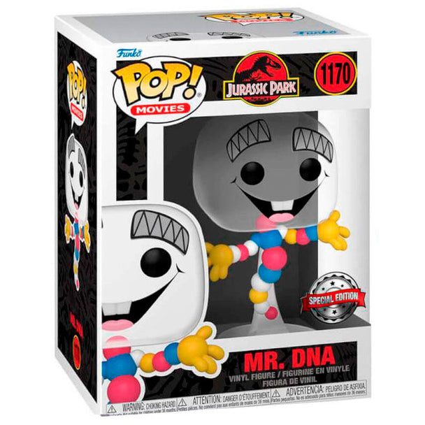 Vue rapprochée de la figurine Funko POP Mr.DNA Jurassic Park exclusive montrant les détails en vinyle